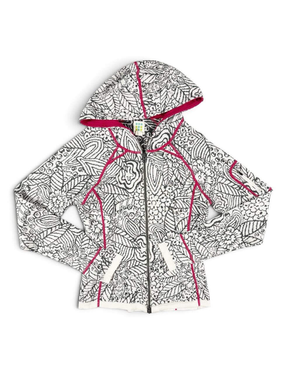 Title Nine Floral Full Zip Hooded Sweater Black White Pink Trim Size Small